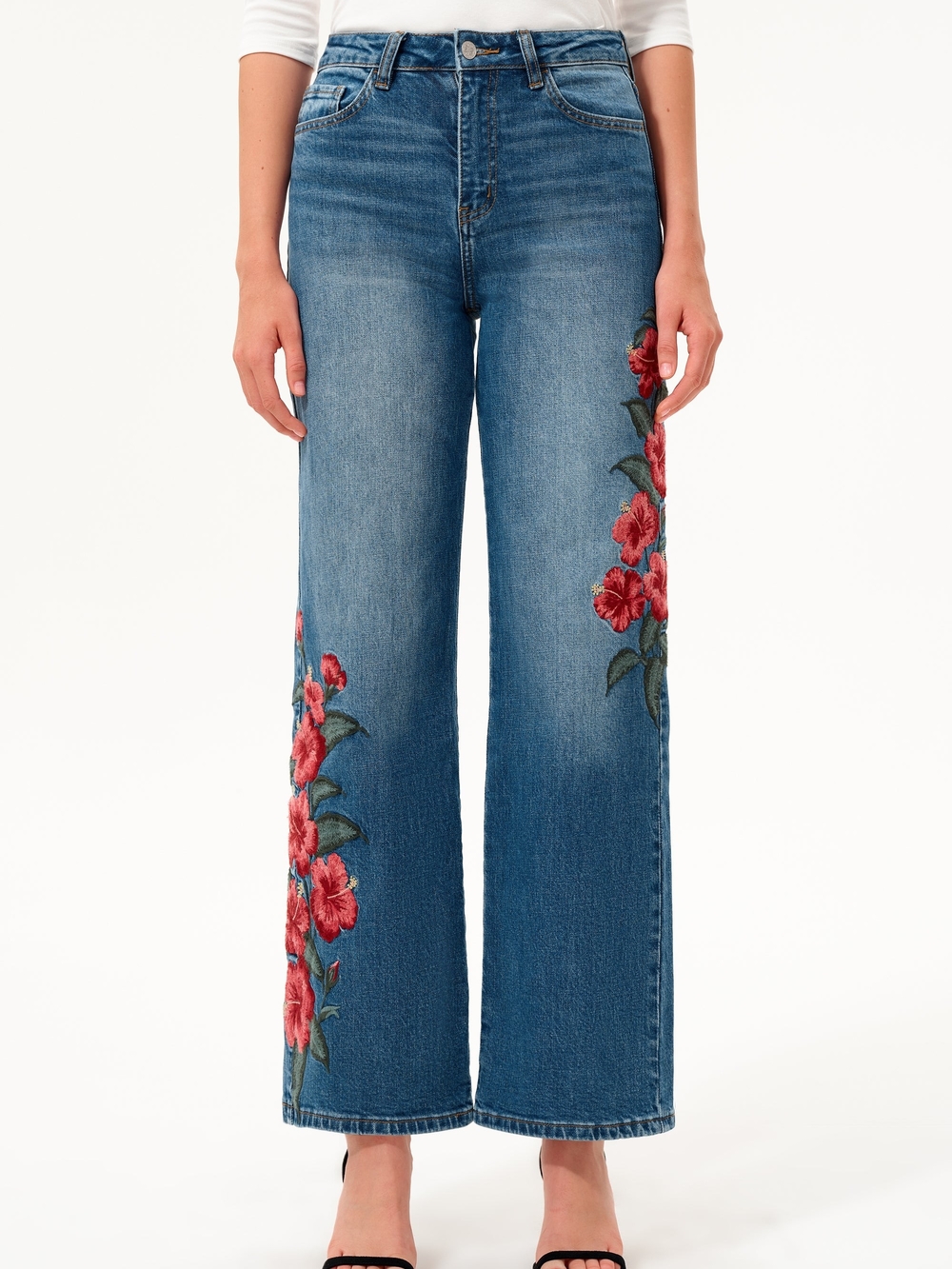 Bayeas Embroidered Wide-Leg Blue Jeans with Red Floral Detail